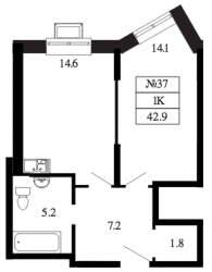 Однокомнатная квартира 42.9 м²