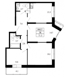 Трёхкомнатная квартира 71.3 м²