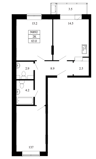 Двухкомнатная квартира 63 м²