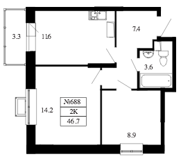 Двухкомнатная квартира 46.7 м²