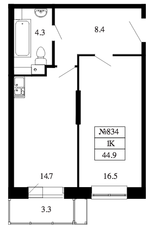 Однокомнатная квартира 44.9 м²