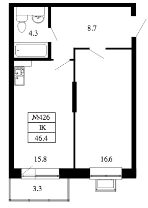 Однокомнатная квартира 46.4 м²