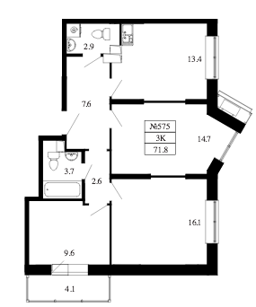 Трёхкомнатная квартира 71.8 м²