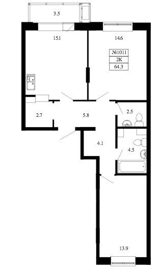 Двухкомнатная квартира 64.3 м²