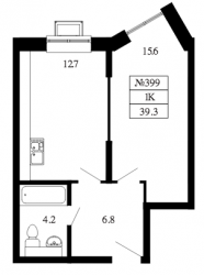 Однокомнатная квартира 39.3 м²