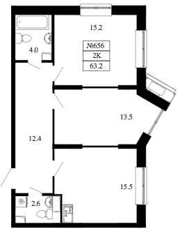 Двухкомнатная квартира 63.2 м²