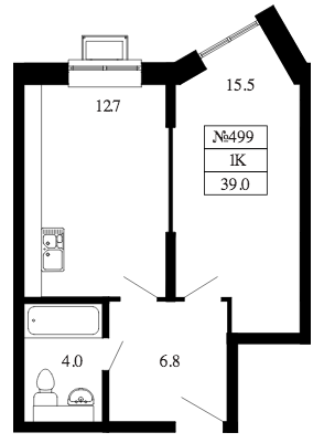 Однокомнатная квартира 39 м²