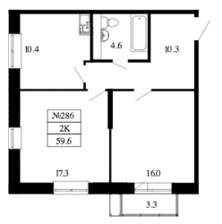 Двухкомнатная квартира 59.6 м²