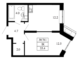 Однокомнатная квартира 35.4 м²