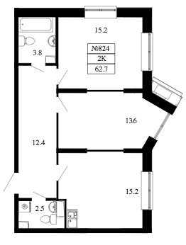 Двухкомнатная квартира 62.7 м²
